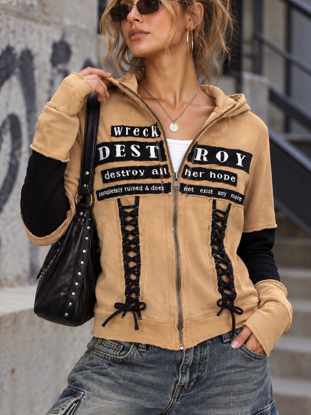 Y2K LESP LeShop Punk Grunge Corset Lace Up Destroy Graphic Hoodie Small 2000s